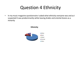 Question 4 Ethnicity
• In my music magazine questionnaire I asked what ethnicity everyone was and as I
suspected it was predominantly white leaving Arabic and oriental Asians as a
minority
Ethnicity
White
Black
Mixed
Oriental
Other
 