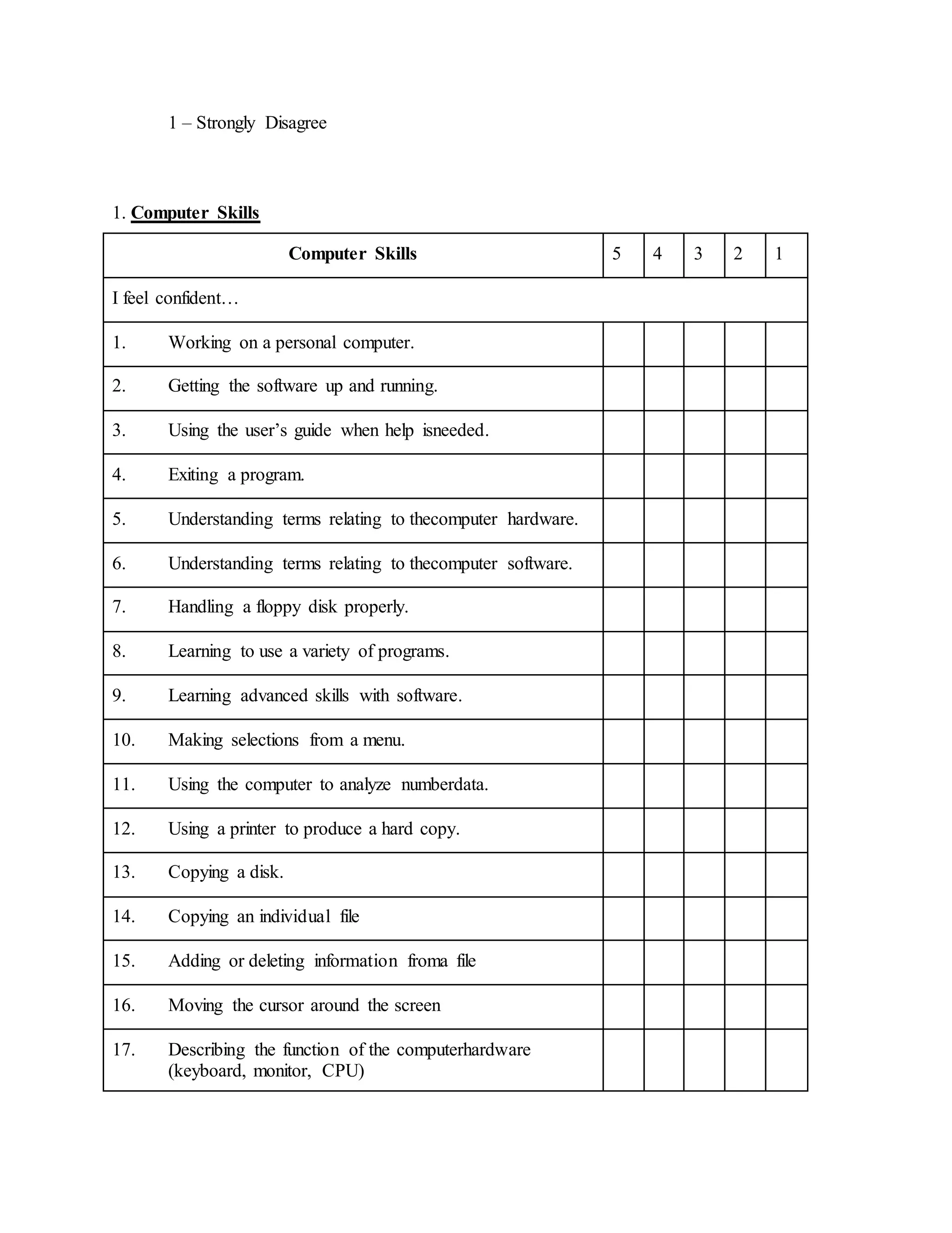 1 – Strongly Disagree
1. Computer Skills
Computer Skills 5 4 3 2 1
I feel confident…
1. Working on a personal computer.
2. Getting the software up and running.
3. Using the user’s guide when help isneeded.
4. Exiting a program.
5. Understanding terms relating to thecomputer hardware.
6. Understanding terms relating to thecomputer software.
7. Handling a floppy disk properly.
8. Learning to use a variety of programs.
9. Learning advanced skills with software.
10. Making selections from a menu.
11. Using the computer to analyze numberdata.
12. Using a printer to produce a hard copy.
13. Copying a disk.
14. Copying an individual file
15. Adding or deleting information froma file
16. Moving the cursor around the screen
17. Describing the function of the computerhardware
(keyboard, monitor, CPU)
 