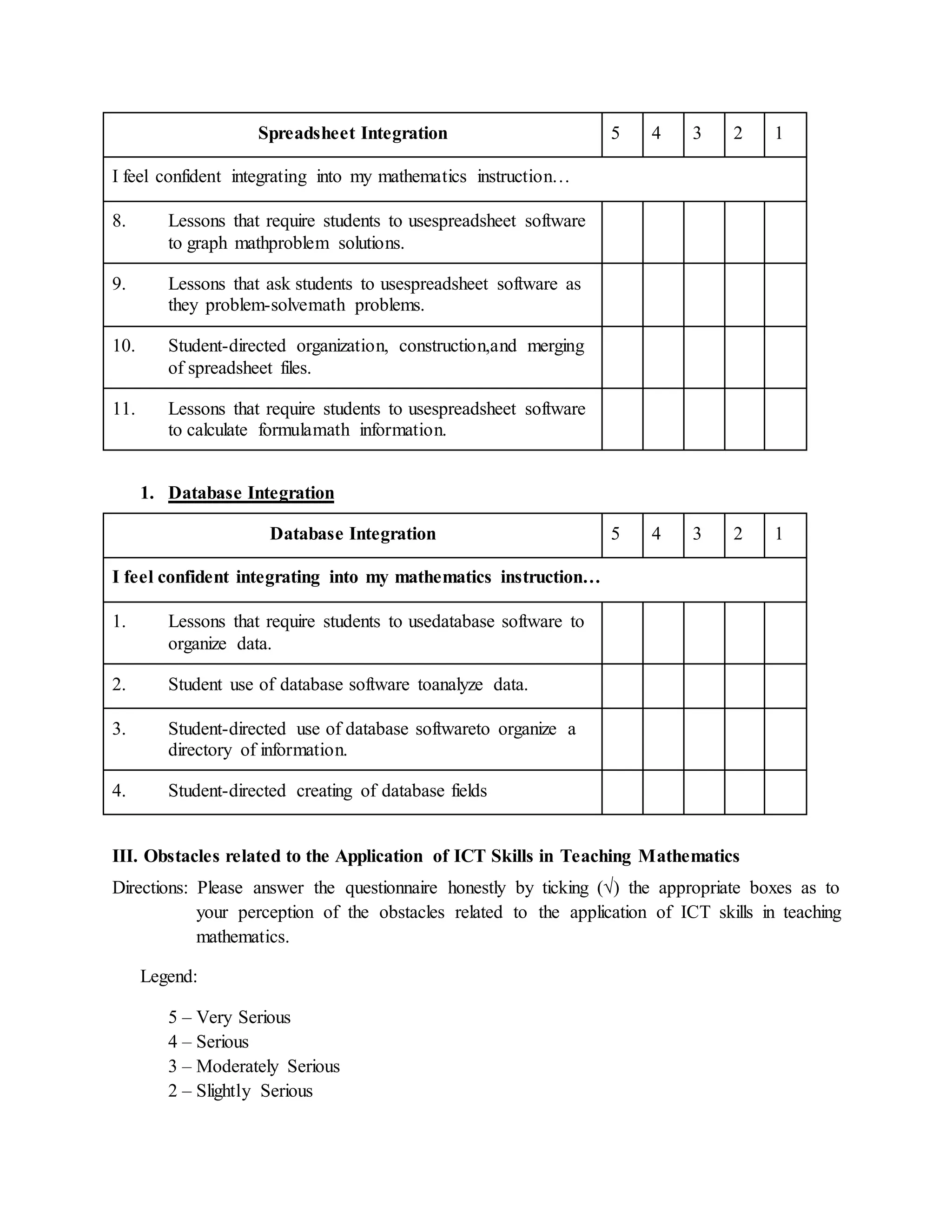 Spreadsheet Integration 5 4 3 2 1
I feel confident integrating into my mathematics instruction…
8. Lessons that require students to usespreadsheet software
to graph mathproblem solutions.
9. Lessons that ask students to usespreadsheet software as
they problem-solvemath problems.
10. Student-directed organization, construction,and merging
of spreadsheet files.
11. Lessons that require students to usespreadsheet software
to calculate formulamath information.
1. Database Integration
Database Integration 5 4 3 2 1
I feel confident integrating into my mathematics instruction…
1. Lessons that require students to usedatabase software to
organize data.
2. Student use of database software toanalyze data.
3. Student-directed use of database softwareto organize a
directory of information.
4. Student-directed creating of database fields
III. Obstacles related to the Application of ICT Skills in Teaching Mathematics
Directions: Please answer the questionnaire honestly by ticking (√) the appropriate boxes as to
your perception of the obstacles related to the application of ICT skills in teaching
mathematics.
Legend:
5 – Very Serious
4 – Serious
3 – Moderately Serious
2 – Slightly Serious
 