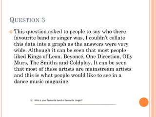 QUESTION 3


This question asked to people to say who there
favourite band or singer was, I couldn’t collate
this data into a graph as the answers were very
wide. Although it can be seen that most people
liked Kings of Leon, Beyoncé, One Direction, Olly
Murs, The Smiths and Coldplay. It can be seen
that most of these artists are mainstream artists
and this is what people would like to see in a
dance music magazine.

 