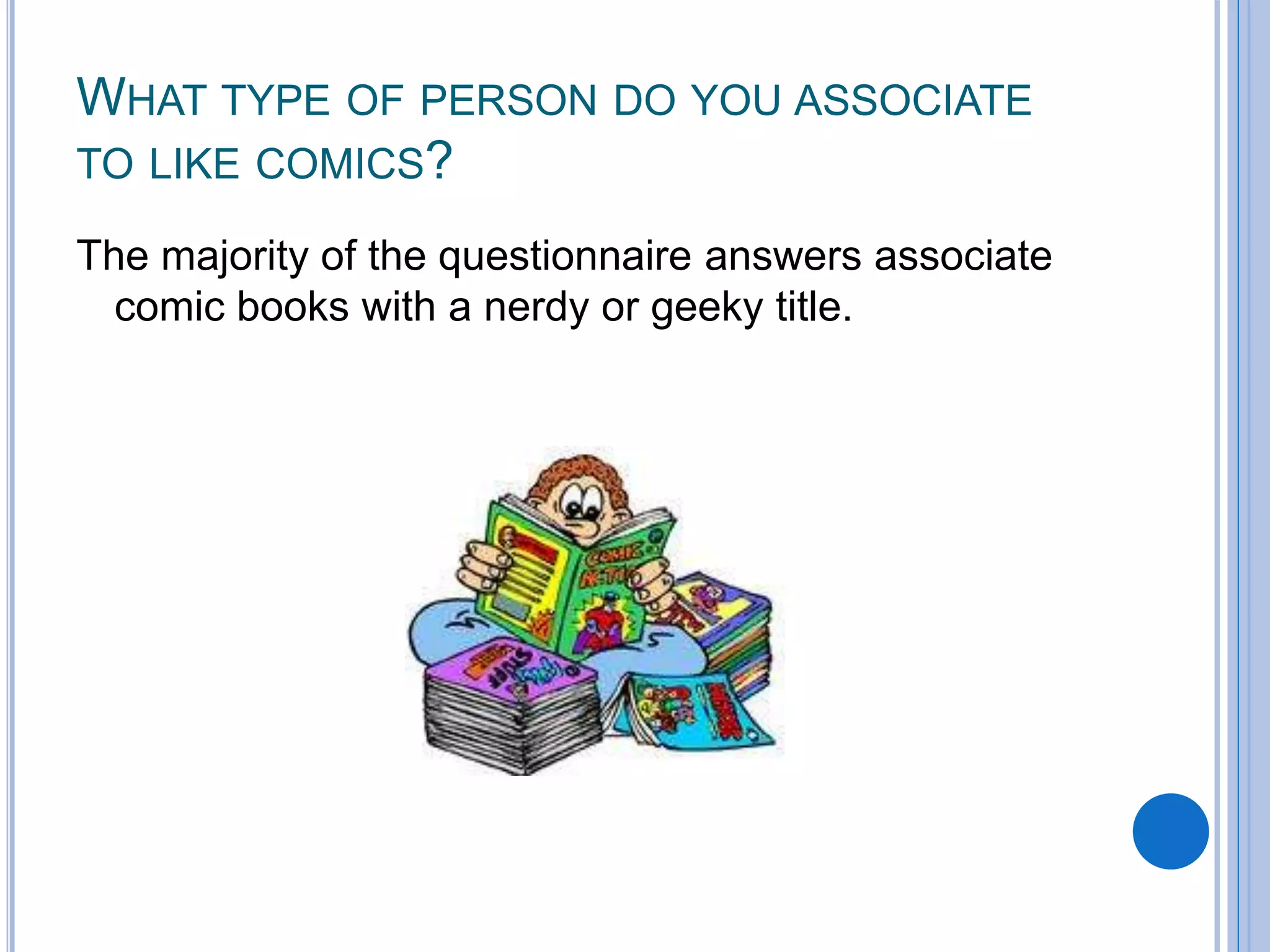 WHAT TYPE OF PERSON DO YOU ASSOCIATE
TO LIKE COMICS?
The majority of the questionnaire answers associate
comic books with a nerdy or geeky title.
 