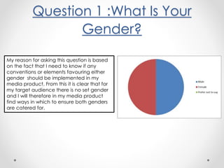 Question 1 :What Is Your
Gender?
My reason for asking this question is based
on the fact that I need to know if any
conventions or elements favouring either
gender should be implemented in my
media product. From this it is clear that for
my target audience there is no set gender
and I will therefore in my media product
find ways in which to ensure both genders
are catered for.
 