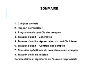 SOMMAIRE
1 . Comptes annuels
2 . Rapport de l’auditeur
3 . Programme de contrôle des comptes
4 . Travaux d’audit – Généralités
5 . Travaux d’audit – Appréciation du contrôle interne
6 . Travaux d’audit – Contrôle des comptes
7 . Contrôles spécifiques du commissaire aux comptes
8 . Travaux de fin de mission
Commentaires et signatures de l’associé responsable
 