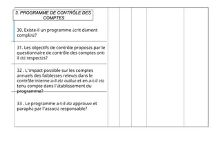 30. Existe-il un programme écrit dûment
complété?
31. Les objectifs de contrôle proposés par le
questionnaire de contrôle des comptes ont-
il été respectés?
32 . L’impact possible sur les comptes
annuels des faiblesses relevés dans le
contrôle interne a-il été évalué et en a-t-il été
tenu compte dans l’établissement du
programme?
33 . Le programme a-t-il été approuvé et
paraphé par l’associé responsable?
3. PROGRAMME DE CONTRÔLE DES
3. PROGRAMME DE CONTRÔLE DES
COMPTES
COMPTES
 