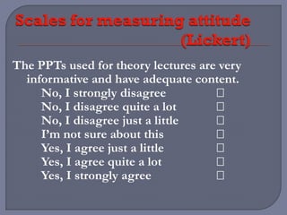 The PPTs used for theory lectures are very
informative and have adequate content.
No, I strongly disagree 
No, I disagree quite a lot 
No, I disagree just a little 
I’m not sure about this 
Yes, I agree just a little 
Yes, I agree quite a lot 
Yes, I strongly agree 
 