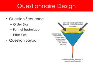 Questionnaire Design
• Question Sequence
– Order Bias
– Funnel Technique
– Filter Bias
• Question Layout
 