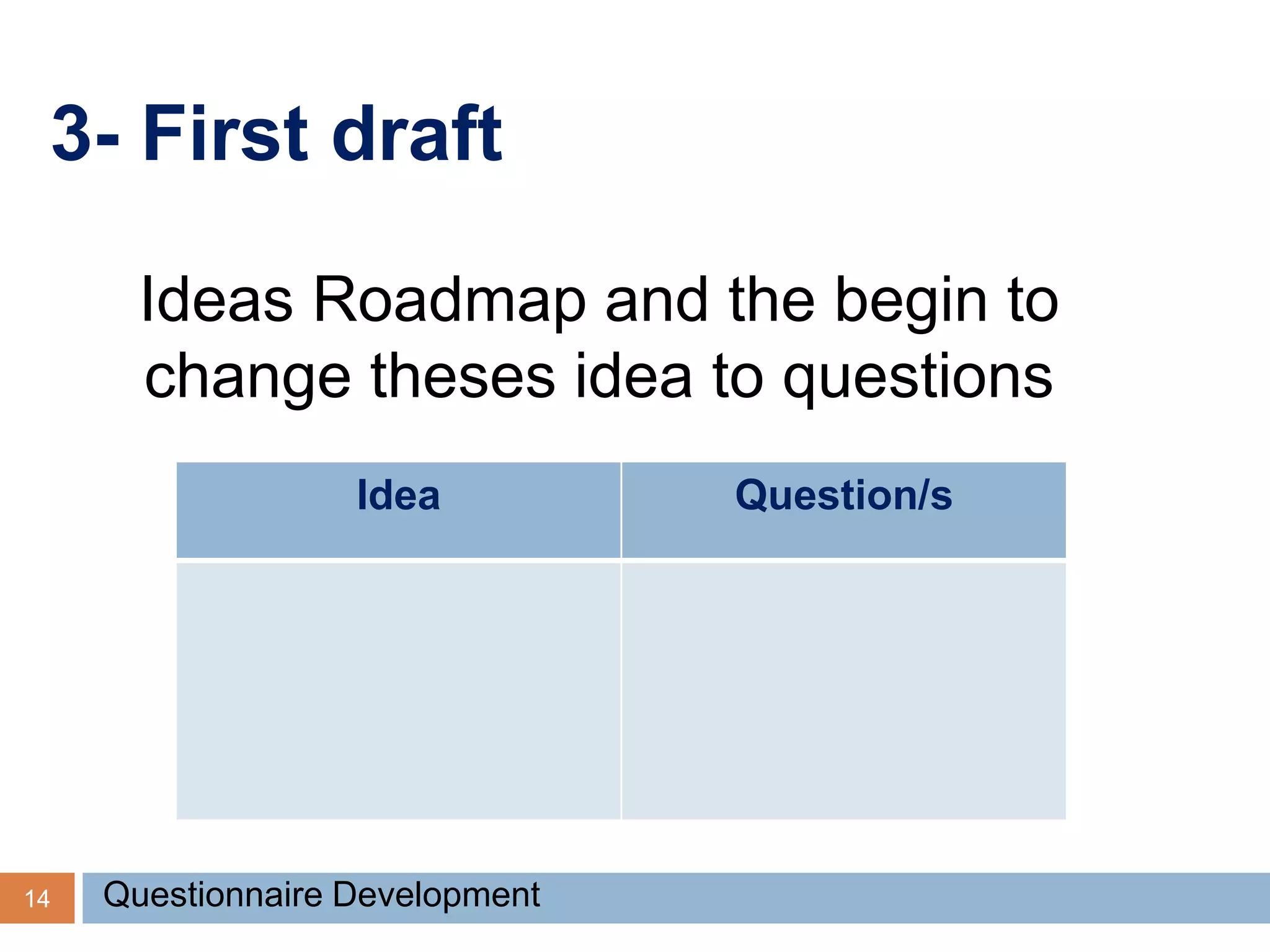 3- First draft
14 Questionnaire Development
Ideas Roadmap and the begin to
change theses idea to questions
Idea Question/s
 