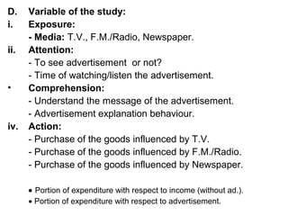 D. Variable of the study:
i. Exposure:
- Media: T.V., F.M./Radio, Newspaper.
ii. Attention:
- To see advertisement or not?
- Time of watching/listen the advertisement.
• Comprehension:
- Understand the message of the advertisement.
- Advertisement explanation behaviour.
iv. Action:
- Purchase of the goods influenced by T.V.
- Purchase of the goods influenced by F.M./Radio.
- Purchase of the goods influenced by Newspaper.
• Portion of expenditure with respect to income (without ad.).
• Portion of expenditure with respect to advertisement.
 