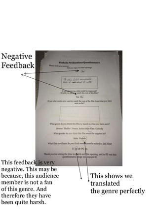 Negative
Feedback
This shows we
translated
the genre perfectly
This feedback is very
negative. This may be
because, this audience
member is not a fan
of this genre. And
therefore they have
been quite harsh.
 
