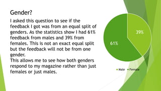 Gender?
39%
61%
Male Female
I asked this question to see if the
feedback I got was from an equal split of
genders. As the statistics show I had 61%
feedback from males and 39% from
females. This is not an exact equal split
but the feedback will not be from one
gender.
This allows me to see how both genders
respond to my magazine rather than just
females or just males.
 