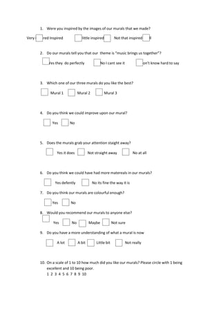 1. Were you inspired by the images of our murals that we made?

Very inspired Inspired          A little inspired          Not that inspired at all


        2. Do our murals tell you that our theme is “music brings us together”?

             Yes they do perfectly              No I cant see it            Don’t know hard to say



        3. Which one of our three murals do you like the best?

              Mural 1           Mural 2             Mural 3



        4. Do you think we could improve upon our mural?

               Yes        No



        5. Does the murals grab your attention staight away?

                  Yes it does           Not straight away              No at all



        6. Do you think we could have had more matereals in our murals?

                 Yes defently             No its fine the way it is

        7. Do you think our murals are colourful enough?

               Yes        No

        8. Would you recommend our murals to anyone else?

                Yes        No           Maybe             Not sure

        9. Do you have a more understanding of what a mural is now

                  A lot         A bit        Little bit            Not really



        10. On a scale of 1 to 10 how much did you like our murals? Please circle with 1 being
            excellent and 10 being poor.
            1 2 3 4 5 6 7 8 9 10
 