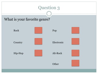 Question 3
What is your favorite genre?
Rock
Country
Hip-Hop Alt-Rock
Electronic
Pop
Other
 
