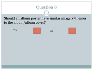 Question 8
Should an album poster have similar imagery/themes
to the album/album cover?
Yes No
 