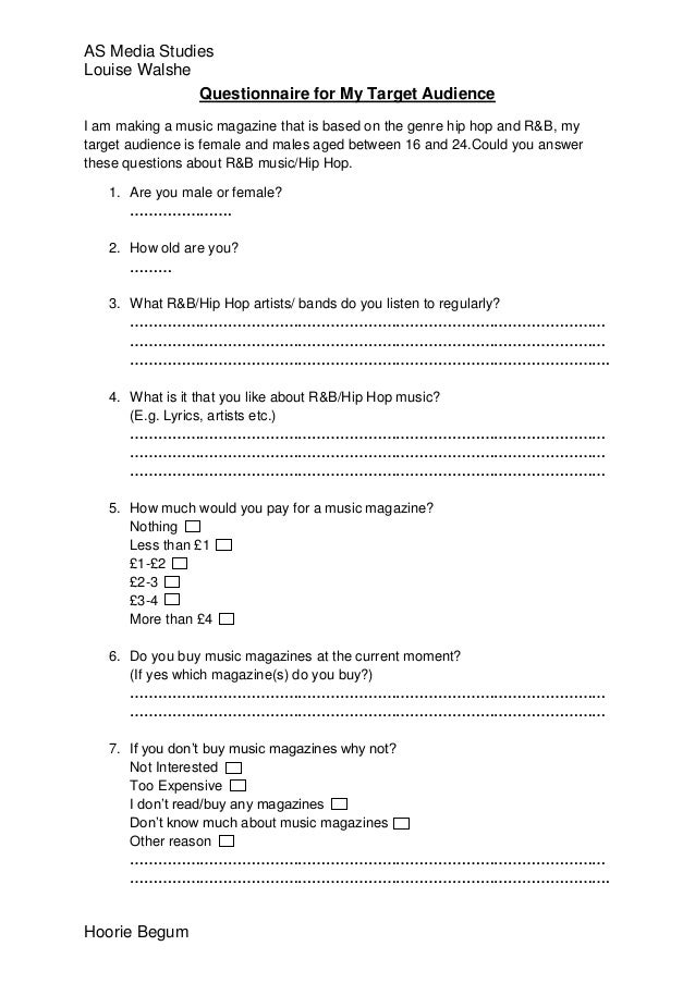 questionnaire for target audience of my music magazine target questionnaire