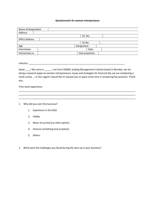 Questionnaire Request Address Questionnaire for women entrepeneur | DOC