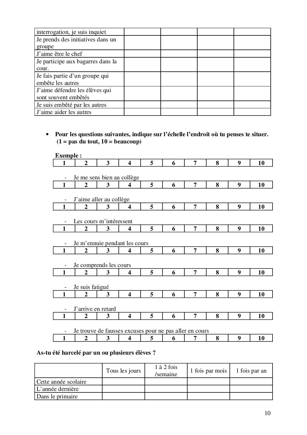 Questionnaire france qualité de vie au collège