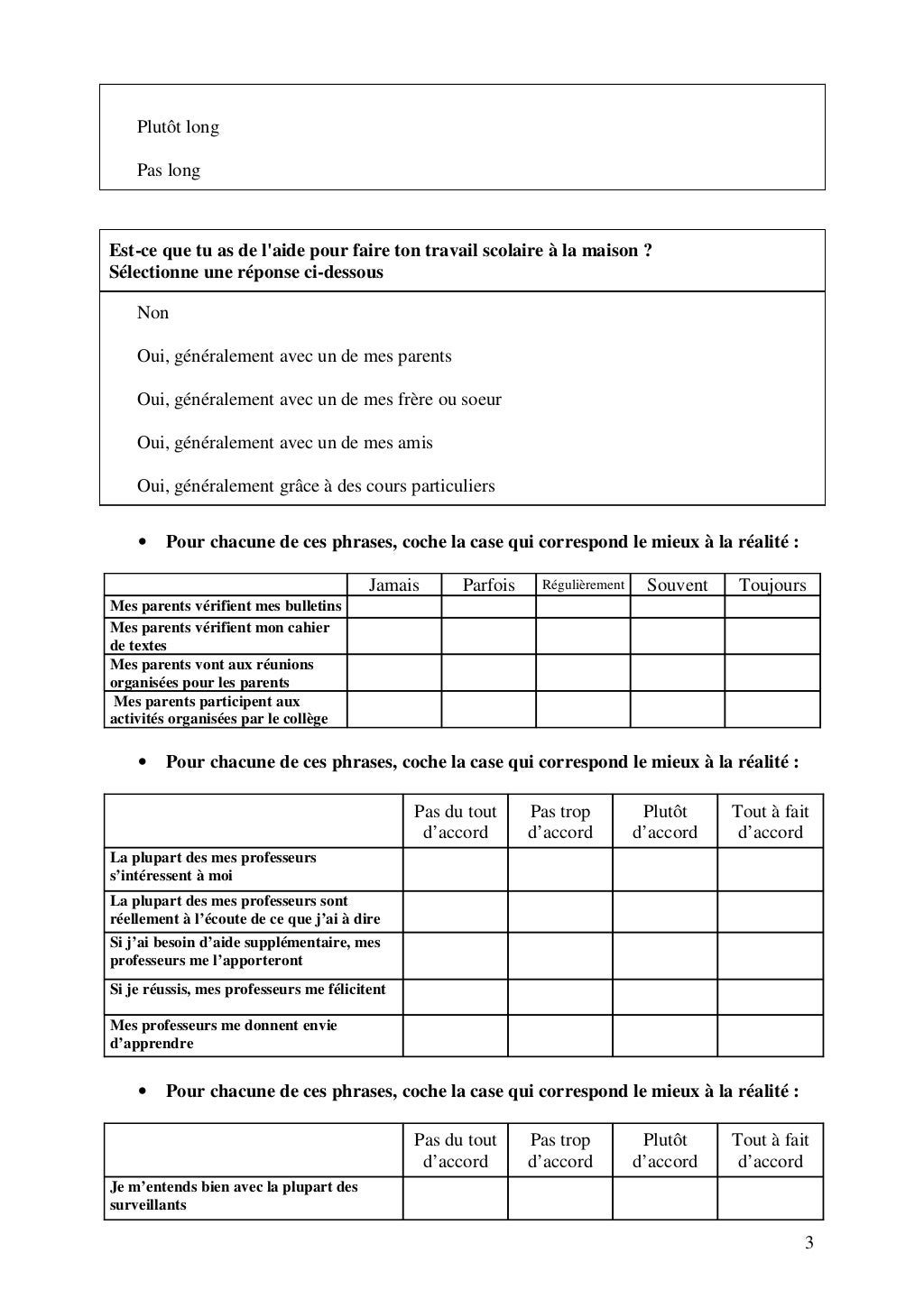 Questionnaire france qualité de vie au collège
