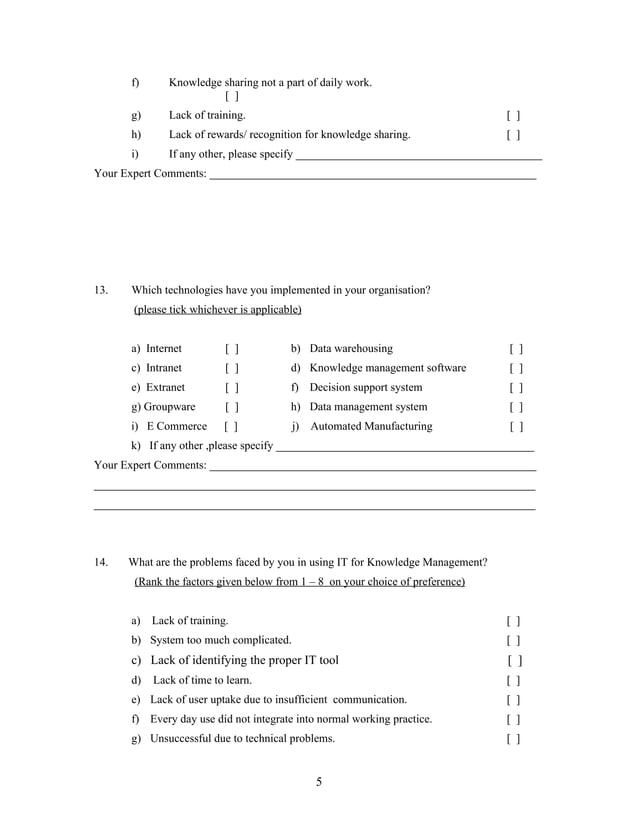 Questionnaire in knowledge management | PDF