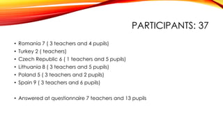 PARTICIPANTS: 37
• Romania 7 ( 3 teachers and 4 pupils)
• Turkey 2 ( teachers)
• Czech Republic 6 ( 1 teachers and 5 pupils)
• Lithuania 8 ( 3 teachers and 5 pupils)
• Poland 5 ( 3 teachers and 2 pupils)
• Spain 9 ( 3 teachers and 6 pupils)
• Answered at questionnaire 7 teachers and 13 pupils
 