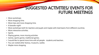 SUGGESTED ACTIVITIES/ EVENTS FOR 
FUTURE MEETINGS 
• More workshops 
• More shopping time. 
• More trips and more shopping time. 
• A karaoke night! 
• More workshops both for teachers and pupils and maybe with mied teams from different countries. 
• More interactive activities. 
• Sports. 
• Playing games, more moving activities. 
• Games, sports games, traditional games. 
• I would like to spend more time with all people- students and teachers. 
• You can visited other factory, museums, castles. 
• Maybe more shopping. 
 