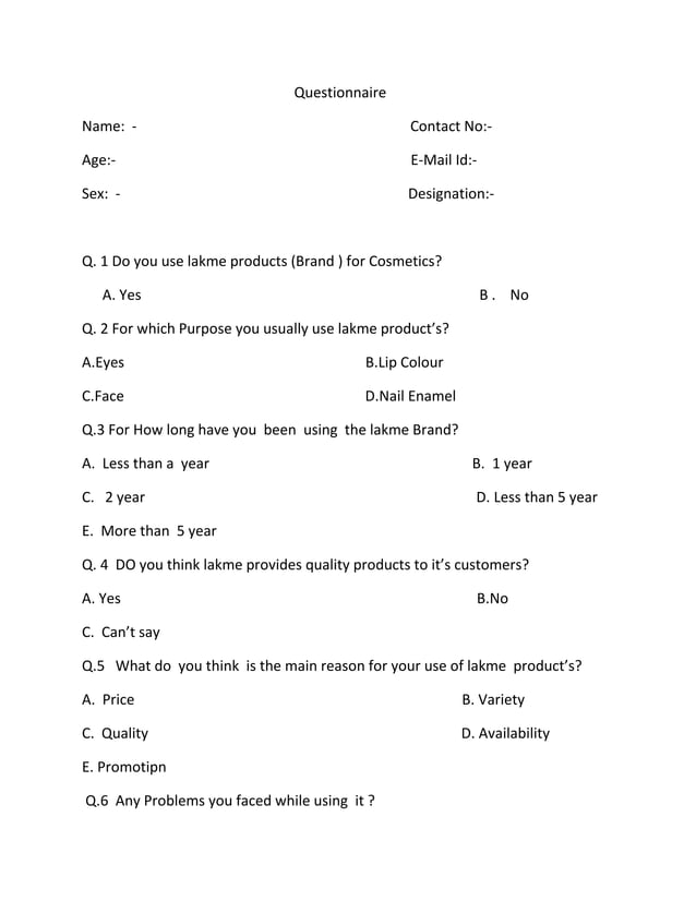 questionnaire on lakme products