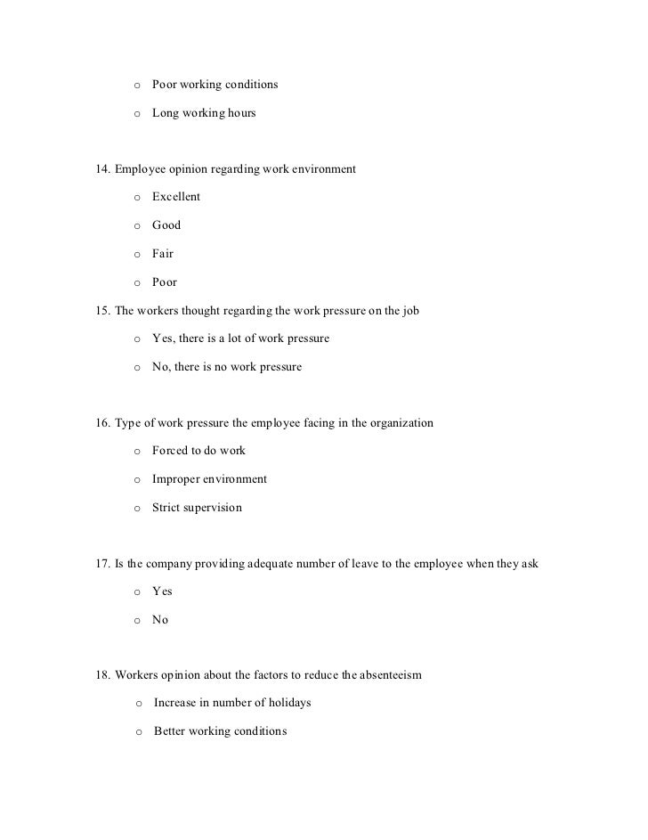 Questionnaire For Absenteeism Of Employees [6nq8qy3o0pnw]