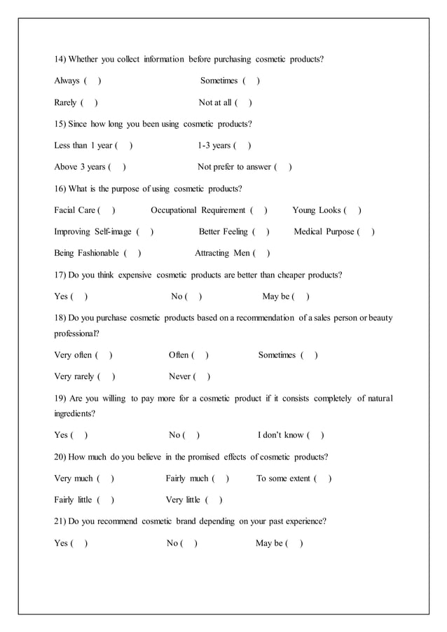 Questionnaire on consumer behaviour on cosmetic product | DOCX