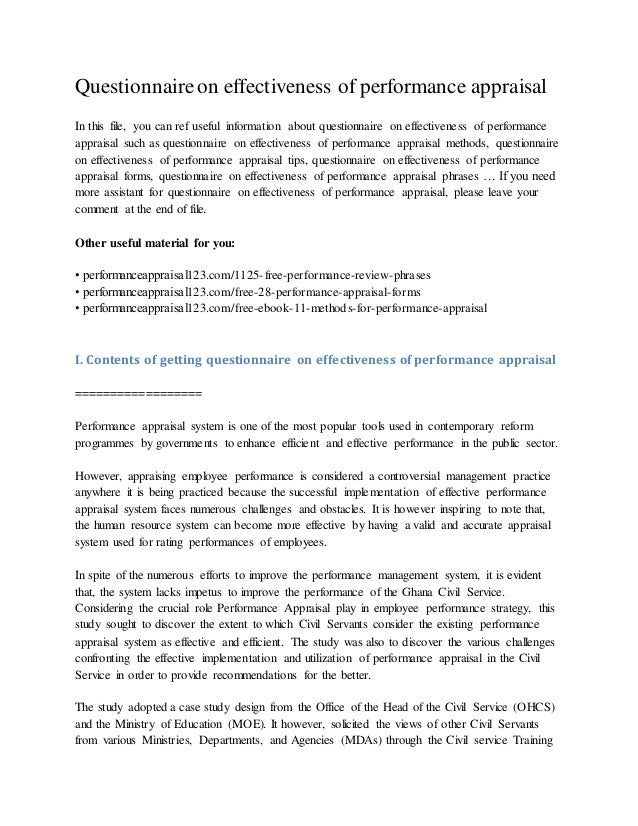 questionnaire on effectiveness of performance appraisal performance appraisal essay