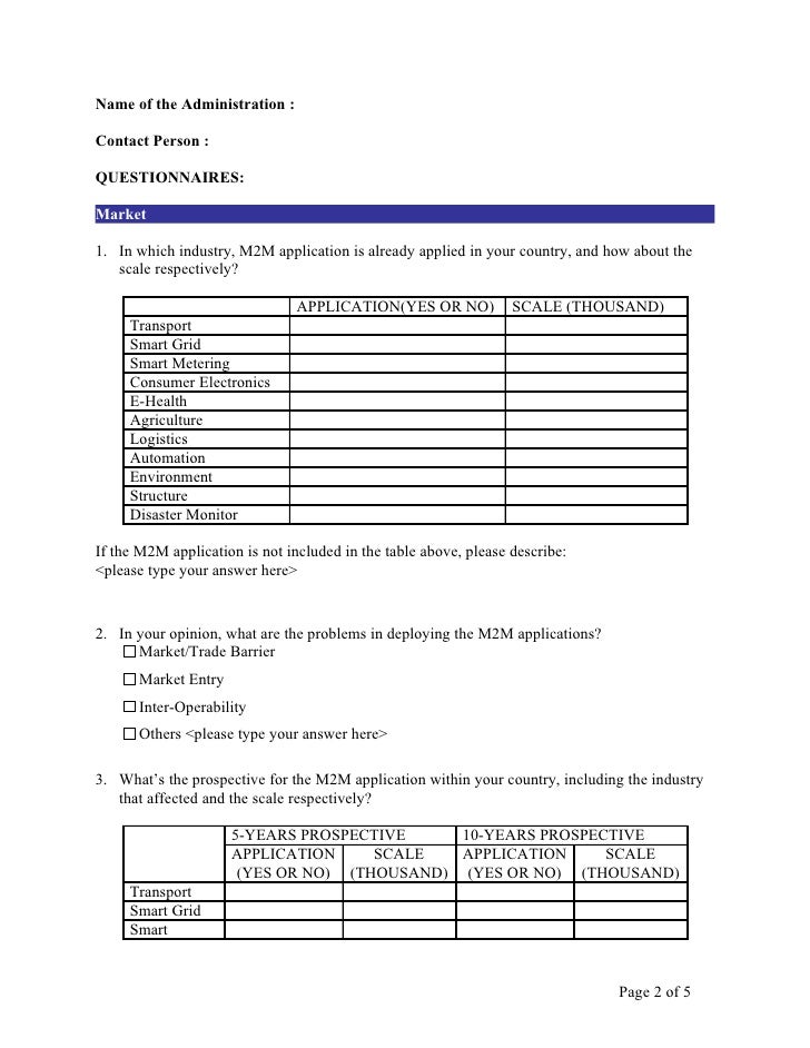 Questionnaire on machine tomachine (m2 m) communications