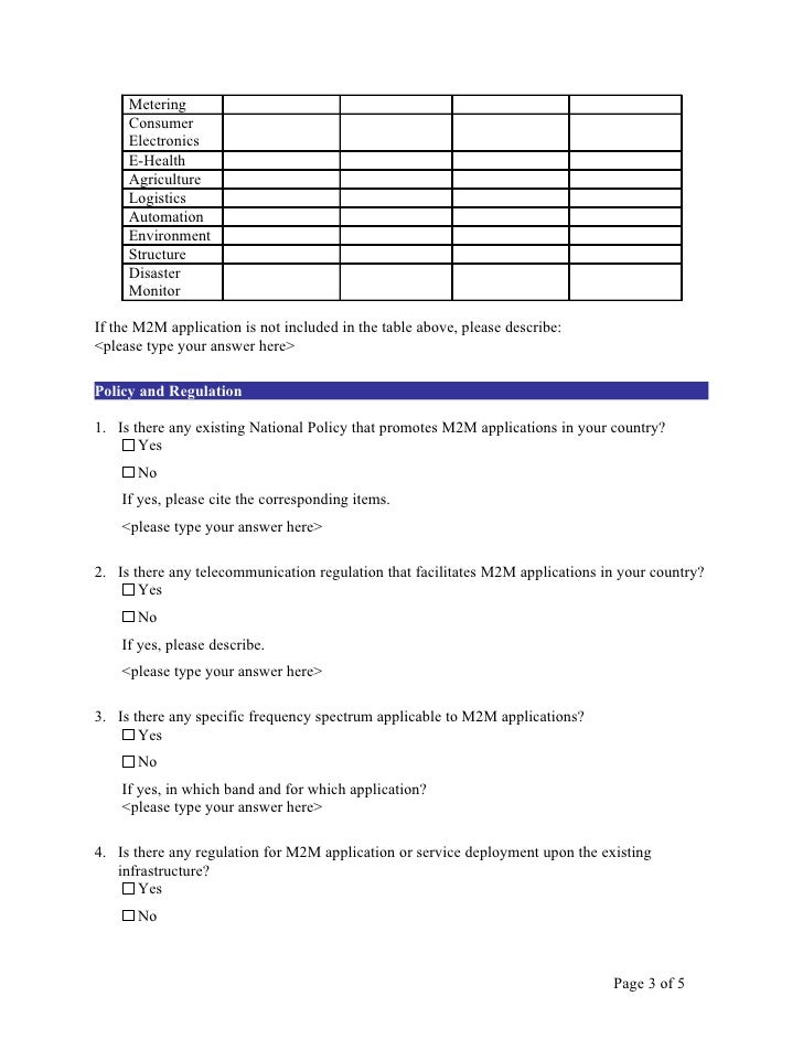 Questionnaire on machine tomachine (m2 m) communications