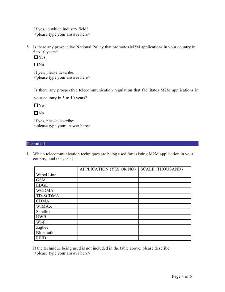 Questionnaire on machine tomachine (m2 m) communications