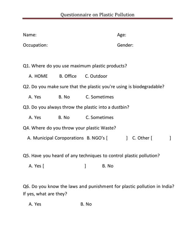Questionnaire on plastic pollution