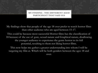 MY FINDING - THE DIFFERENT AGED
                        PARTICIPANT THAT SAID YES




My findings show that people of the age 18 over prefer to watch horror films
              than other audience who are aged between 15-17.
 This could be because most successful Horror films has the classification of
18 because of the use of gore, sexual nature and Graphical nature, disallowing
        the younger audience to experience the genre horror to its full
              potential, resulting to them not liking horror films.
    This now helps me gather a greater understanding into whom I will be
  targeting my film at. Which will be both genders between the ages 18 and
                                       over.
 