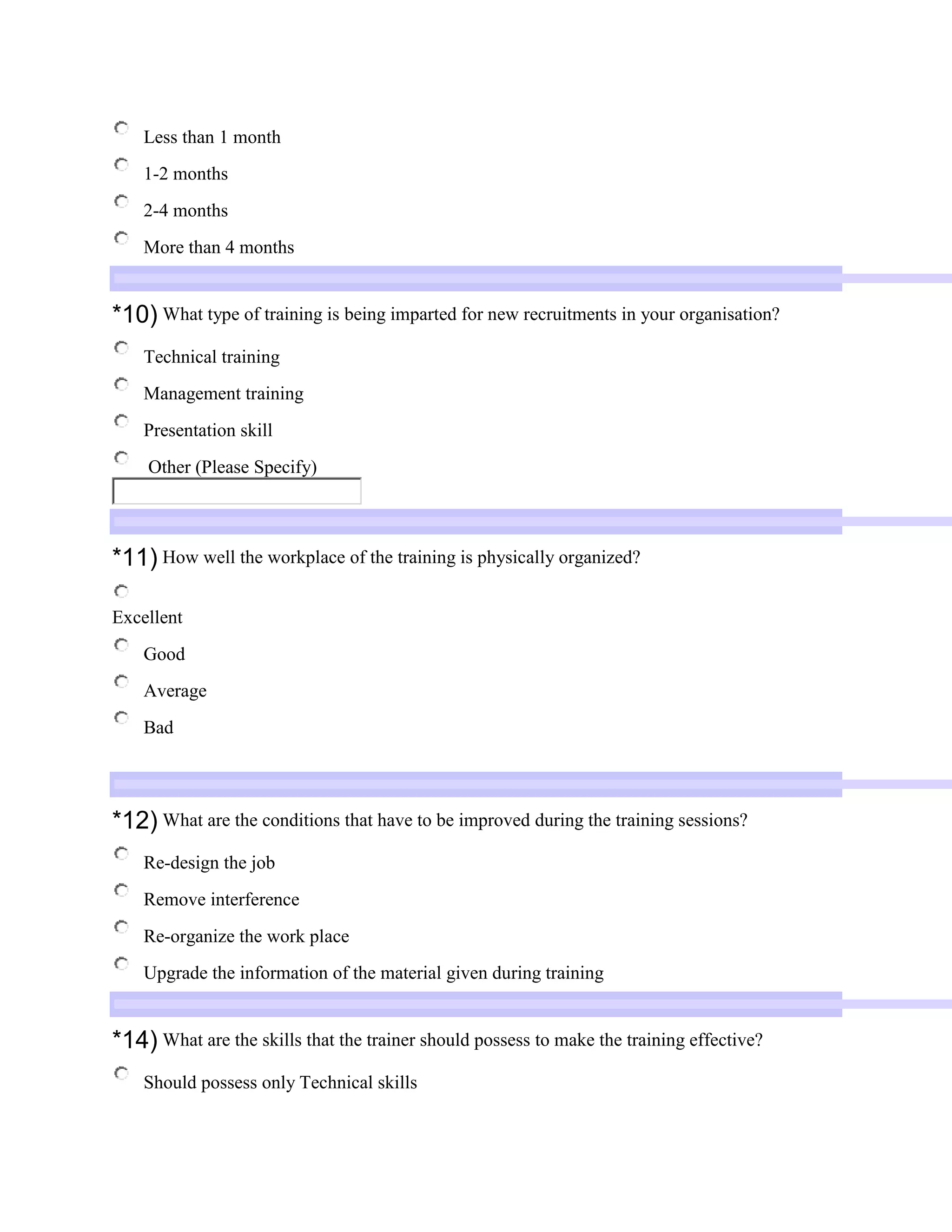 Questionnaire on training