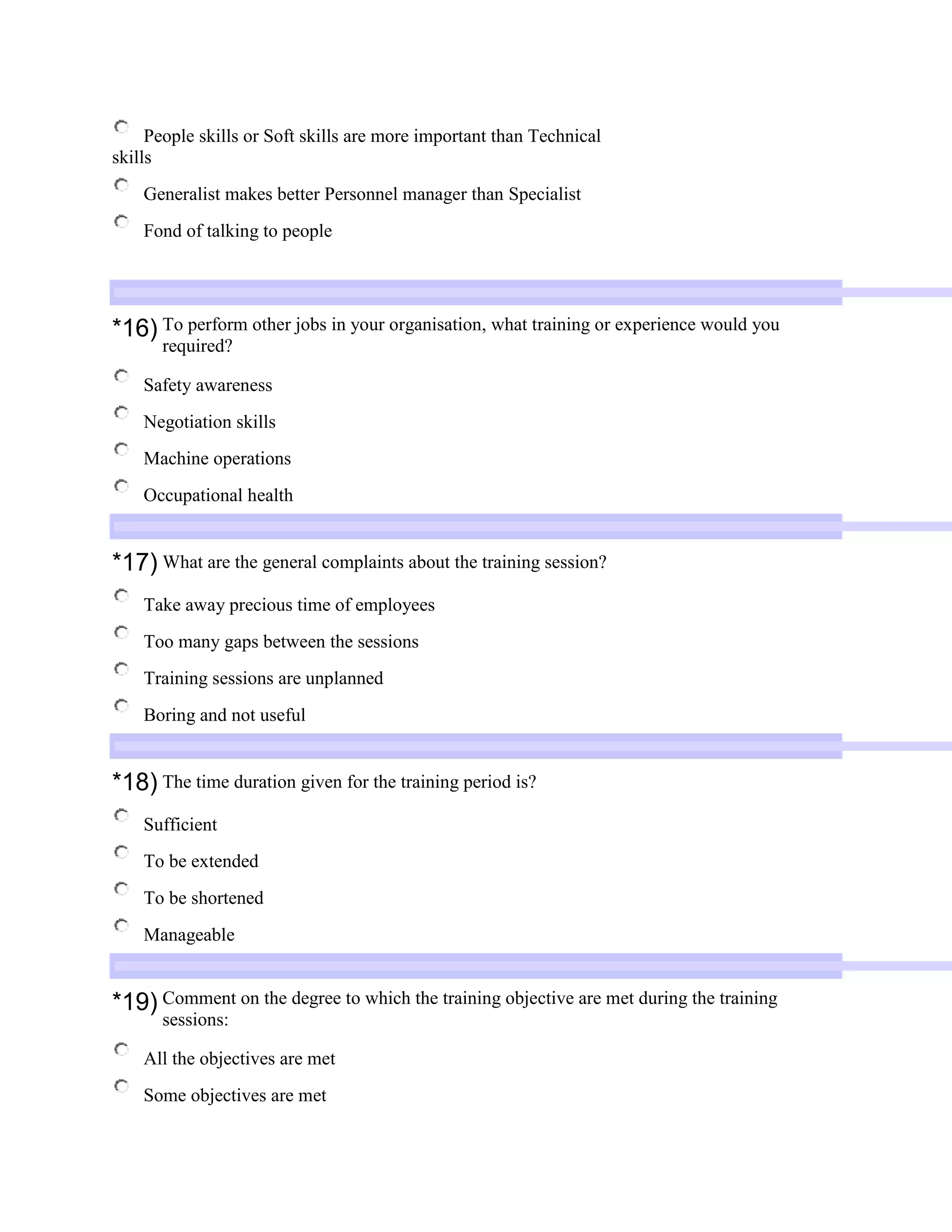 Questionnaire on training