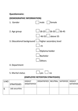 Questionnaire:
(DEMOGRAPHIC INFORMATION)
1. Gender male female
2. Age group 18-25 26-35 36-45
46-55 above 55
3. Educational background higher secondary level
ITI
Diploma holder
Bachelor
Others
4. Department
_____________________________
5. Marital status yes no
(EMPLOYEE RETENTON STRATEGIES)
S.NO
STRATEGIES
HIGHLY
DISSATISFIED
DISSATISFIED NEUTRAL SATISFIED HIGHLY
SATISFIED
6 Job securities
 