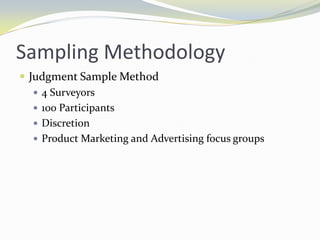 Sampling MethodologyJudgment Sample Method4 Surveyors100 ParticipantsDiscretionProduct Marketing and Advertising focus groups