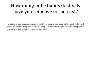 How many indie bands/festivals
     have you seen live in the past?

I wanted to see how many gigs or festivals people had seen in the past so I could
know how much they could relate to my indie music magazine, with the specific
type of words and bands that are included.
 