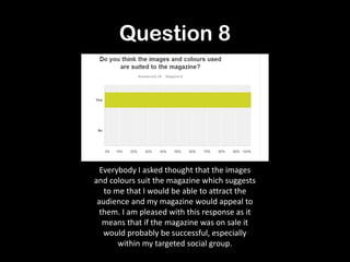 Question 8
Everybody I asked thought that the images
and colours suit the magazine which suggests
to me that I would be able to attract the
audience and my magazine would appeal to
them. I am pleased with this response as it
means that if the magazine was on sale it
would probably be successful, especially
within my targeted social group.
 