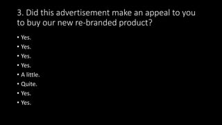 3. Did this advertisement make an appeal to you
to buy our new re-branded product?
• Yes.
• Yes.
• Yes.
• Yes.
• A little.
• Quite.
• Yes.
• Yes.
 