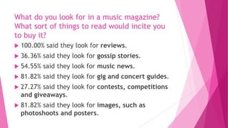 What do you look for in a music magazine? 
What sort of things to read would incite you 
to buy it? 
 100.00% said they look for reviews. 
 36.36% said they look for gossip stories. 
 54.55% said they look for music news. 
 81.82% said they look for gig and concert guides. 
 27.27% said they look for contests, competitions 
and giveaways. 
 81.82% said they look for images, such as 
photoshoots and posters. 
 