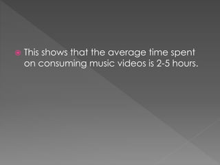  This shows that the average time spent
on consuming music videos is 2-5 hours.
 