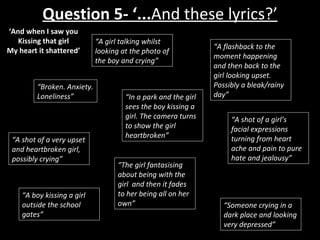 Question 5- ‘... And these lyrics?’ ‘ And when I saw you Kissing that girl My heart it shattered’ “ A shot of a very upset and heartbroken girl, possibly crying” “ A boy kissing a girl outside the school gates” “ Broken. Anxiety. Loneliness” “ A girl talking whilst looking at the photo of the boy and crying” “ A flashback to the moment happening and then back to the girl looking upset. Possibly a bleak/rainy day” “ In a park and the girl sees the boy kissing a girl. The camera turns to show the girl heartbroken” “ A shot of a girl’s facial expressions turning from heart ache and pain to pure hate and jealousy” “ The girl fantasising about being with the girl  and then it fades to her being all on her own” “ Someone crying in a dark place and looking very depressed”  
