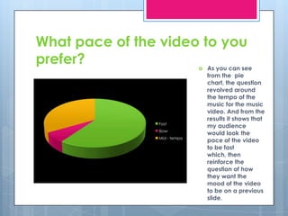 What pace of the video to you prefer? As you can see from the  pie chart, the question revolved around the tempo of the music for the music video. And from the results it shows that my audience would look the pace of the video to be fast which, then reinforce the question of how they want the mood of the video to be on a previous slide.