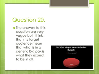 Question 20.The answers to this question are very vague but I think that my target audience mean that what is in a generic Digipak is what they expect to be in all. 