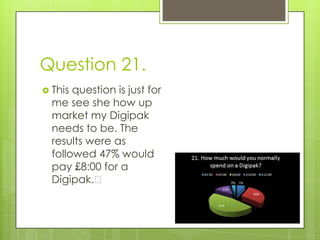 Question 21.This question is just for me see she how up market my Digipak needs to be. The results were as followed 47% would pay £8:00 for a Digipak.﻿