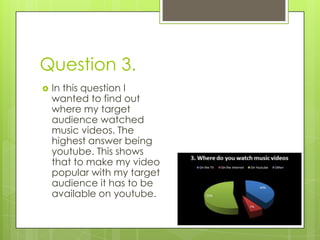 Question 3.In this question I wanted to find out where my target audience watched music videos. The highest answer being youtube. This shows that to make my video popular with my target audience it has to be available on youtube. 