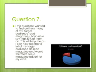 Question 7. I this question I wanted to find out how many of my  target audience read magazines. I can now say that 83% of them do. This will help me as I can now see that a lot of my target audience do read magazine and would therefore see a magazine advert for my artist.