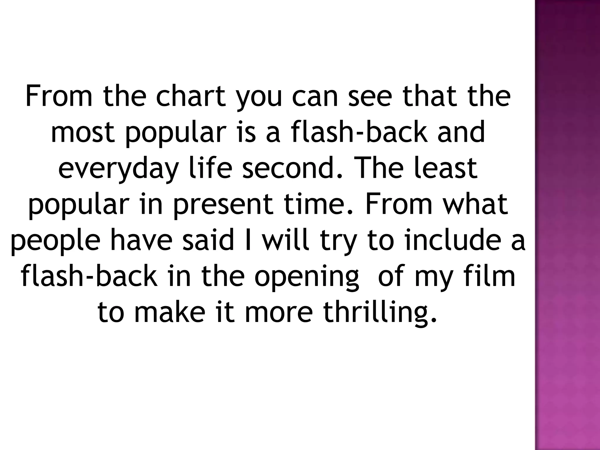 From the chart you can see that the
    most popular is a flash-back and
    everyday life second. The least
  popular in present time. From what
people have said I will try to include a
 flash-back in the opening of my film
       to make it more thrilling.
 