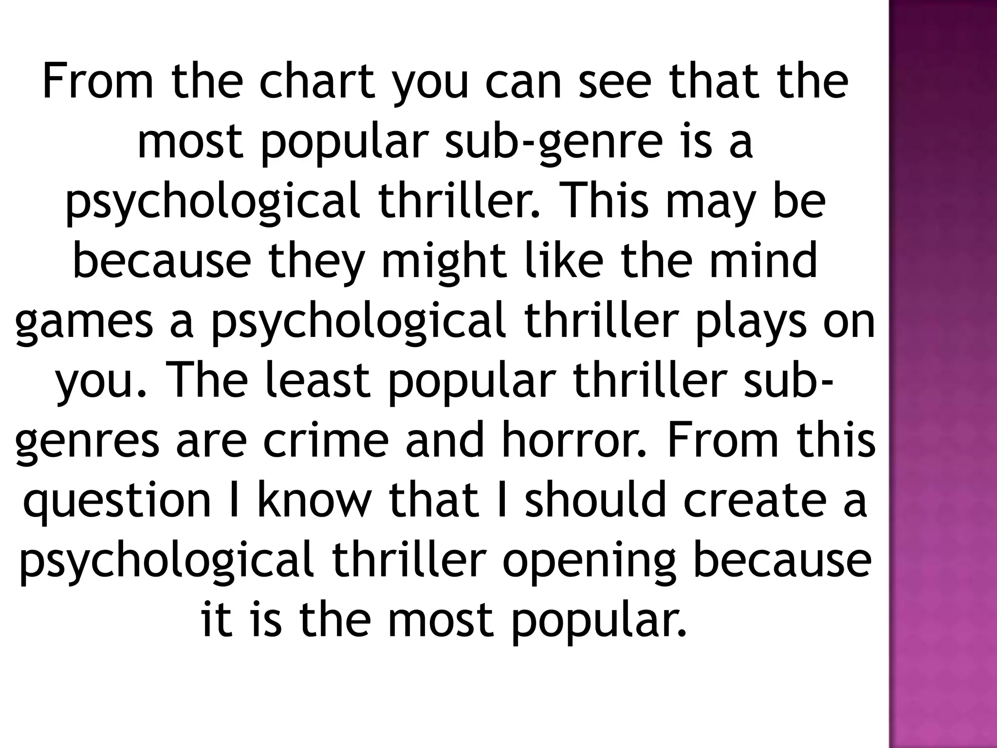 From the chart you can see that the
     most popular sub-genre is a
  psychological thriller. This may be
   because they might like the mind
games a psychological thriller plays on
  you. The least popular thriller sub-
genres are crime and horror. From this
question I know that I should create a
psychological thriller opening because
        it is the most popular.
 